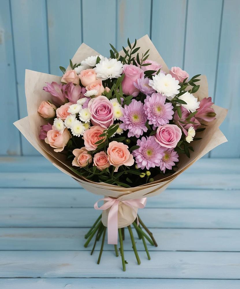 Букет цветов из: Хризантемы, Розы и Альстромерии в Охе
