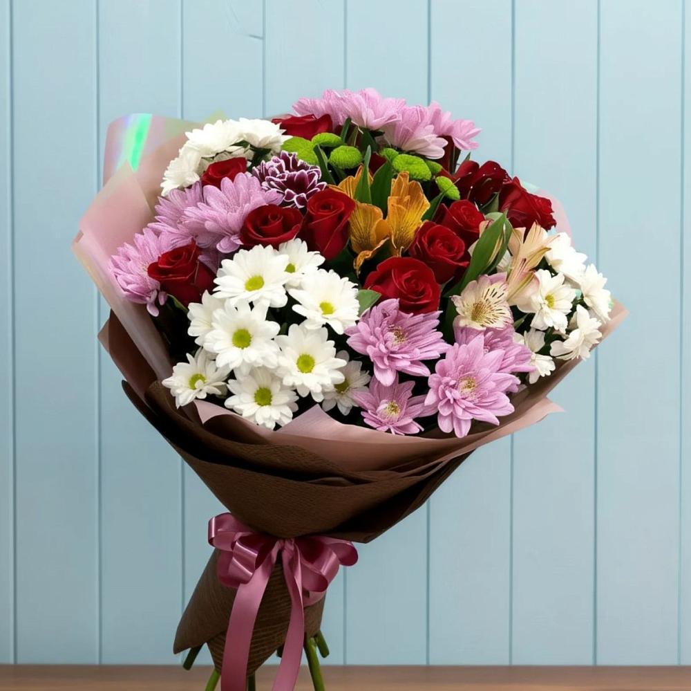 Букет цветов из: Розы, Хризантемы и Альстромерии в Охе