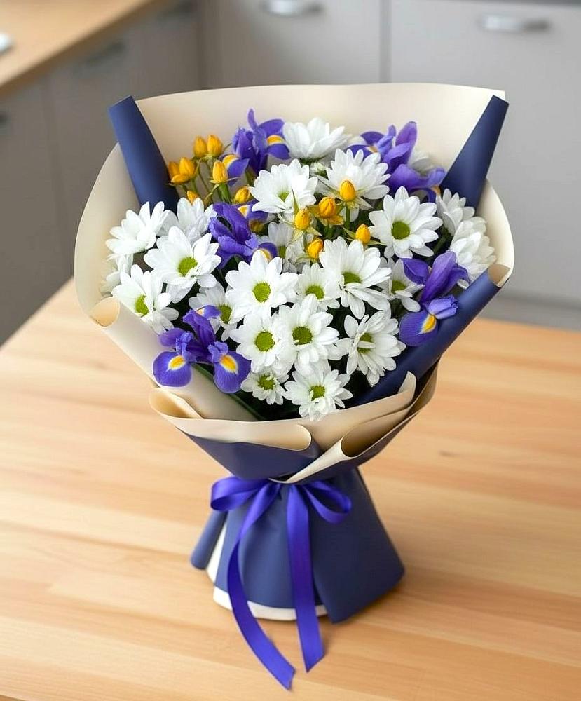 Букет цветов из: Розы, Ирисы и Хризантемы в Охе